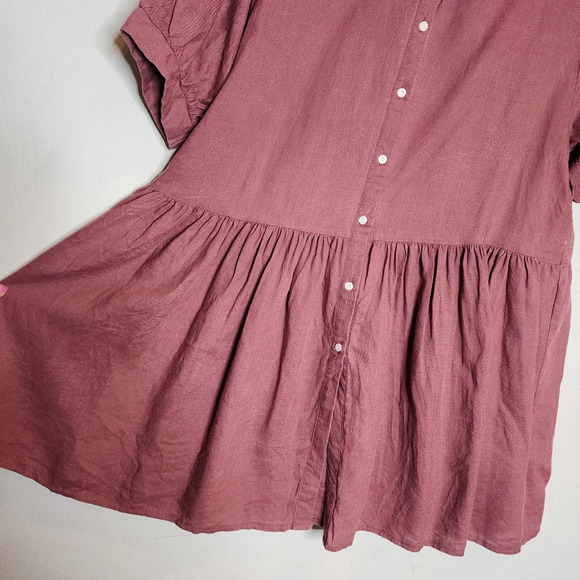 Eva Linen Peterpan Collar Puff Sleeve Button Front Mauve Mini Dress. Free Size - Picture 15 of 16